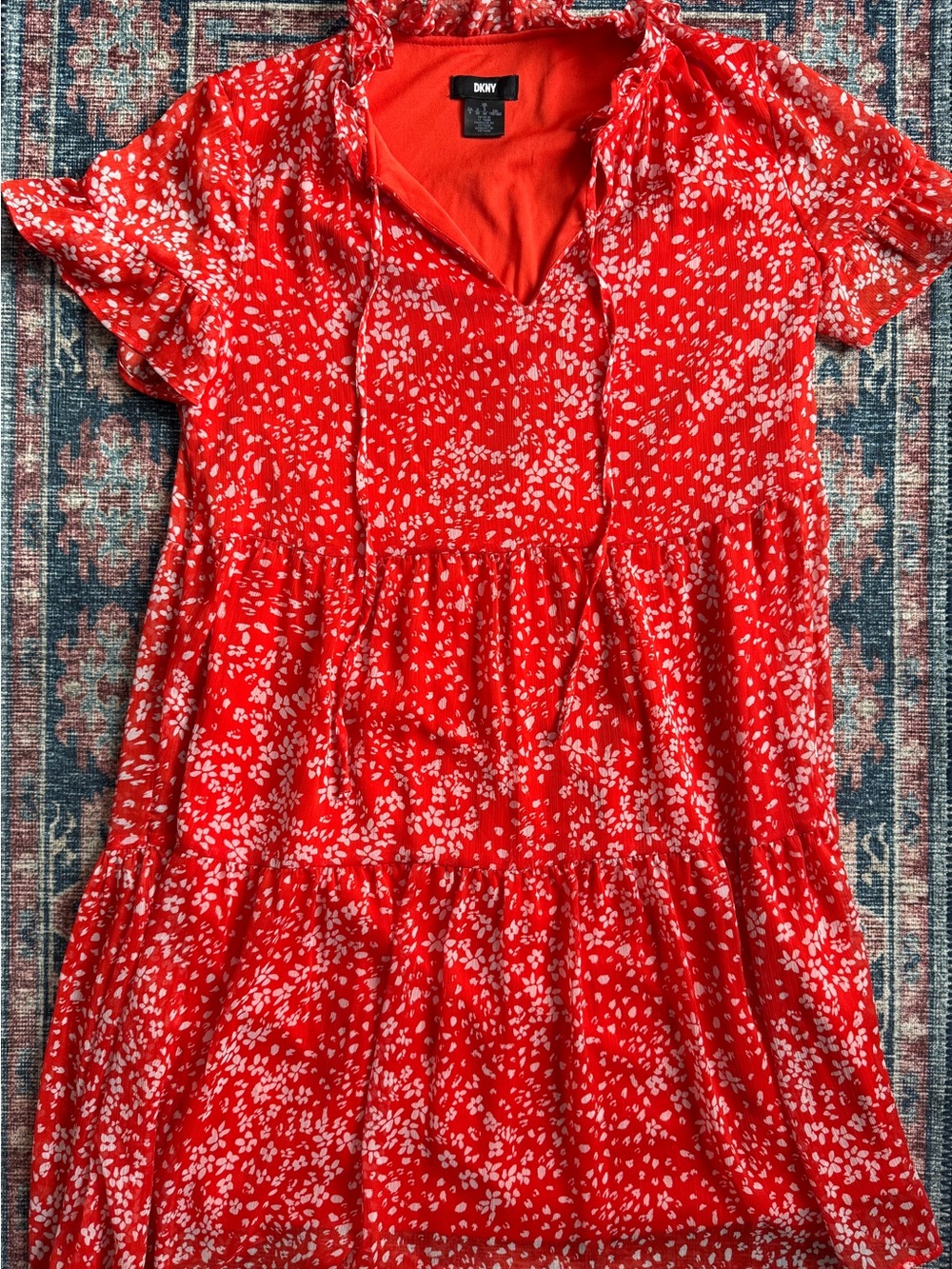 DKNY Red and White Floral Tiered Mini Dress